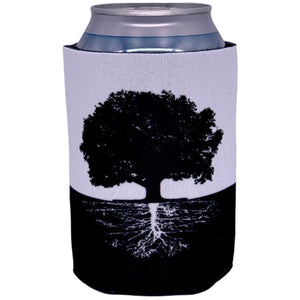 can koozie with tree and roots black and white graphic design
