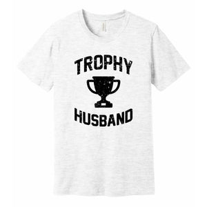 Ash color t shirt with trophy husband funny text print graphic design in black