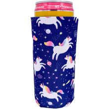 Load image into Gallery viewer, unicorns in space slim Koozie with planets and stars
