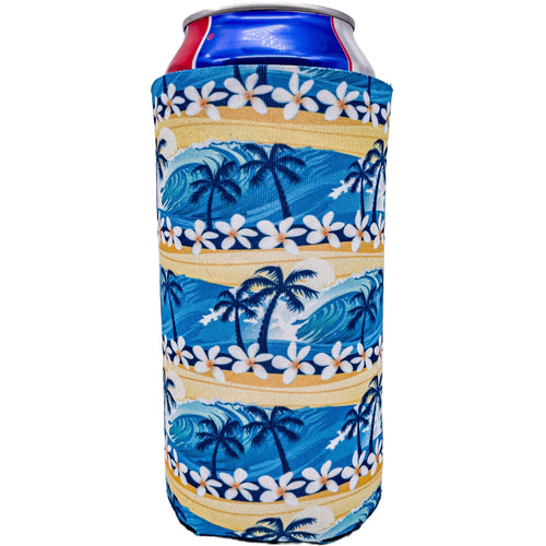 24 ounce can koozie with waves tropical beach design print