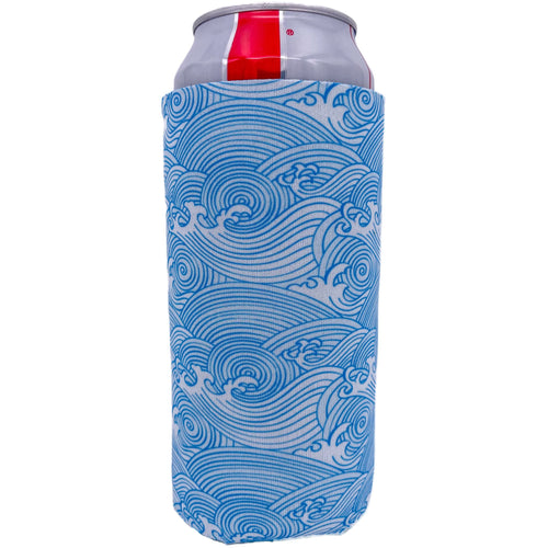 White 24 oz Koozie with blue lined waves