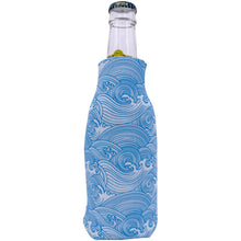 Load image into Gallery viewer, White Bottle Koozie with Blue Wave Lines
